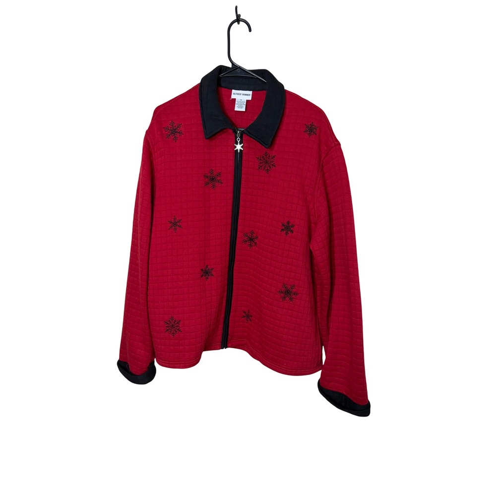 Alfred Dunner Red Quilted Beaded Snowflake Zip Up Jacket Womens 16 Holiday